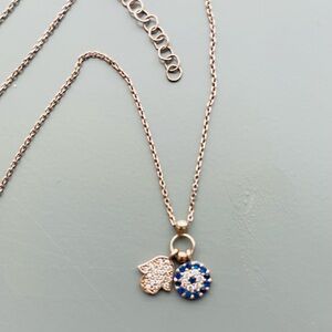 925 Blue Evil Eye Hamsa Necklace Sterling Silver Gold Plated CZ